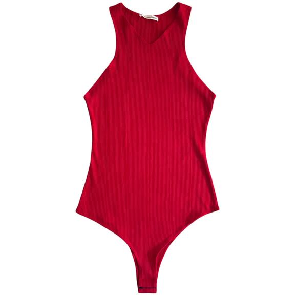 Reformation V-Neck Wide Strap Ribbed Bodysuit Tank One Piece Women Sz Medium Red - Picture 1 of 10